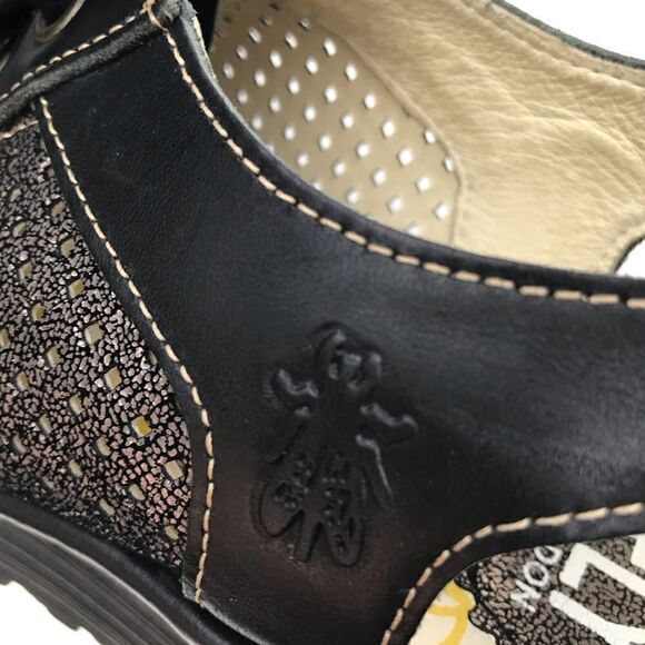 Fly London Black Metallic Perforated Leather Slingback Lace Up Chunky Wedges - Picture 12 of 16